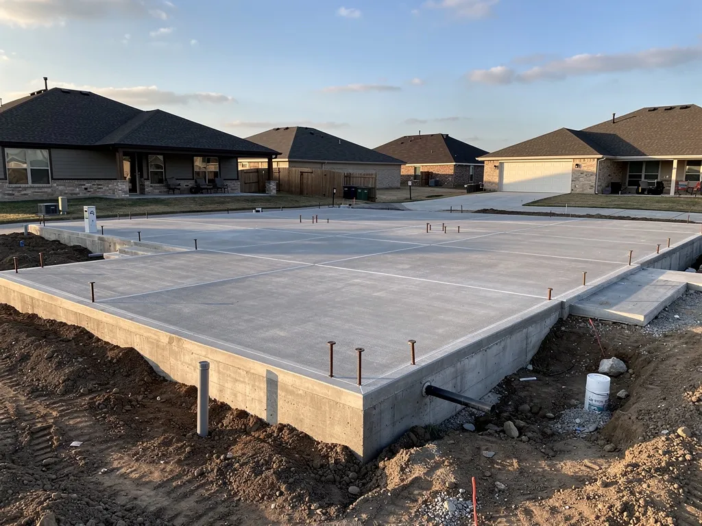 Freshly poured concrete foundation slab with rebar and forms at a Lakeway Texas construction site